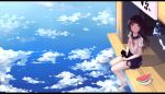  .l.l 1girl barefoot black_cat brown_hair cat clouds cloudy_sky food frown fruit highres holding letterboxed long_hair looking_at_viewer looking_up midriff original plate school_uniform serafuku short_sleeves sitting sky solo violet_eyes watermelon wind wind_chime 