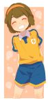  1girl alternate_hair_length alternate_hairstyle arms_behind_back blush brown_hair closed_eyes grin hairband highres inazuma_eleven_(series) inazuma_eleven_go inazuma_eleven_go_chrono_stone lightning_bolt nanobana_kinako raimon raimon_soccer_uniform sekina short_hair smile soccer_uniform sportswear 