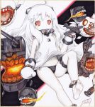  1girl ahoge bare_legs barefoot black_panties dress feet horns iroha_(nullpo) kantai_collection looking_at_viewer mittens northern_ocean_hime pale_skin panties red_eyes shinkaisei-kan side-tie_panties soles solo tagme toes traditional_media underwear white_dress white_hair 