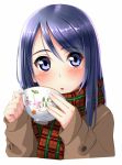  1girl blue_eyes blue_hair blush coat cup long_hair looking_at_viewer open_mouth original scarf solo steam takebi 