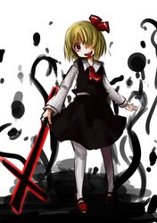  1girl blonde_hair blouse cross hair_over_one_eye kanno_fumiroku pantyhose red_eyes rumia short_hair skirt tongue tongue_out touhou vest 