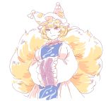  1girl blonde_hair fox_tail hat large_breasts looking_at_viewer mitsumoto_jouji multiple_tails short_hair simple_background smile solo tail touhou white_background yakumo_ran yellow_eyes 