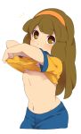  1girl blush brown_eyes brown_hair cowboy_shot flat_chest hairband inazuma_eleven_(series) inazuma_eleven_go inazuma_eleven_go_chrono_stone long_hair looking_at_viewer nanobana_kinako navel no_nipples no_pupils raimon raimon_soccer_uniform sekina shirt_lift simple_background soccer_uniform solo sportswear undressing white_background 