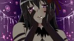  1girl akemi_homura akuma_homura bare_shoulders black_gloves black_hair blush bow choker elbow_gloves gloves hair_bow hands_on_own_cheeks hands_on_own_face long_hair looking_at_viewer mahou_shoujo_madoka_magica mahou_shoujo_madoka_magica_movie matcha_(lxxqrs) parody simple_background solo spoilers violet_eyes yandere_trance 