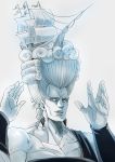  1boy big_hair blue curly_hair earrings highres jean_pierre_polnareff jewelry jojo_no_kimyou_na_bouken monochrome ship solo toujou_shufu 