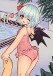  1girl ass bat_wings blue_hair hair_ribbon heart holding_hands jewelry looking_at_viewer nyt_(nagane) one_eye_closed open_mouth pink_eyes pink_swimsuit pool pov_hands remilia_scarlet ribbon ring smile touhou wings 