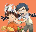  2boys bag blue_hair digimon digimon_adventure dress_shirt glasses gloves gomamon izumi_koushirou kido_jou multiple_boys redhead scared screaming shirt shorts sweatdrop t_k_g tentomon vest 