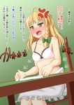  1girl ahoge anger_vein annoyed apron blonde_hair blush board_game bow bra braid collarbone comic d:&lt; flying_sweatdrops frown full-face_blush hs-totyu kirisame_marisa long_hair mahjong mahjong_table mahjong_tile no_hat shirt_removed single_braid solo strip_mahjong touhou translation_request underwear waist_apron wavy_mouth 