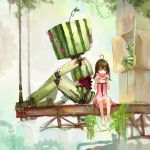  1girl ahoge bare_shoulders barefoot blue_eyes box brown_hair dress eating food fruit highres long_hair original robot sitting sleeveless solo tuzki watermelon 