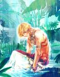  1boy blonde_hair earrings fate/zero fate_(series) garden gilgamesh highres jewelry mpn necklace partially_submerged solo tattoo 