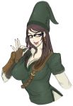  1girl bayonetta bayonetta_(character) black_hair blue_eyes breasts bust candy cleavage cosplay earrings fingerless_gloves glasses gloves hat jewelry large_breasts licking_lips link link_(cosplay) lollipop long_hair mole sketch solo steffydoodles the_legend_of_zelda tongue vambraces 
