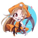  1girl ;d anchor brown_eyes brown_hair character_name chibi guilty_gear hat holding long_hair looking_at_viewer may_(guilty_gear) one_eye_closed open_mouth pirate_hat ponytail pose smile solo tagme yukimiya_(parupunta) 