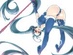  1girl ass blue_hair fate/stay_night fate_(series) gae_bolg genderswap lancer leotard long_hair polearm ponytail red_eyes sichiha solo spear thigh-highs twintails very_long_hair weapon 