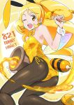  1girl alternate_costume antenna_hair artist_name bare_shoulders bee_girl blonde_hair bowtie bunnysuit cure_honey detached_collar fishnet_legwear fishnet_pantyhose fishnets happinesscharge_precure! honey insect_girl leotard long_hair looking_at_viewer object_namesake one_eye_closed oomori_yuuko open_mouth pantyhose ponytail precure shiitake_urimo solo wings wrist_cuffs yellow_eyes 