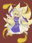  1girl :d blonde_hair chanta_(ayatakaoisii) dress fox_tail hand_to_hat highres long_sleeves mob_cap multiple_tails open_mouth red_eyes short_hair smile tabard tail torn_clothes touhou wide_sleeves yakumo_ran 