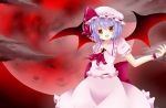  1girl :d ascot bat_wings dress fang frilled_dress frills minamina open_mouth puffy_short_sleeves puffy_sleeves red_eyes remilia_scarlet short_hair short_sleeves smile touhou wings wrist_cuffs 