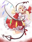  1girl :d ascot bare_legs blonde_hair bobby_socks fangs flandre_scarlet frilled_skirt frills hat hat_ribbon highres laevatein mary_janes mob_cap msa open_mouth puffy_short_sleeves puffy_sleeves red_eyes ribbon shoes short_hair short_sleeves side_ponytail skirt smile socks touhou 