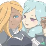  2girls aqua_hair armband beta_(inazuma_eleven) blonde_hair blue_eyes breasts bust chino_(kapuriko1023) dark_skin face hair_over_one_eye inazuma_eleven_(series) inazuma_eleven_go inazuma_eleven_go_chrono_stone long_hair multiple_girls parted_lips protocol_omega reiza simple_background sweat violet_eyes white_background wrist_grab 