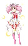  1girl animal_on_head bishoujo_senshi_sailor_moon boots cat cat_on_head chibi_usa choker crystal_carillon diana_(sailor_moon) double_bun elbow_gloves full_body gloves heart highres holding magical_girl namori pink_hair pleated_skirt red_eyes sailor_chibi_moon sketch skirt super_sailor_chibi_moon tiara twintails white_background 