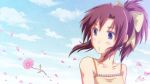  1girl anime_coloring blue_eyes bow brown_hair casual collarbone flower hair_bow hair_ornament hair_ribbon looking_away nicca_(kid_nicca) original parted_lips petals ponytail ribbon sky solo tagme wind 