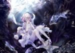  1girl amatsukiryoyu barefoot blonde_hair bubble closed_eyes dress fish floating floating_hair kagamine_rin legs light_particles underwater v-neck vocaloid white_dress 