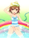  1girl ahoge arm_up armpits blush_stickers brown_hair goggles goggles_on_head hose knees_together_feet_apart last_order one-piece_swimsuit open_mouth partially_submerged shian_(my_lonly_life.) short_hair solo striped striped_swimsuit swimsuit to_aru_majutsu_no_index wading_pool water 