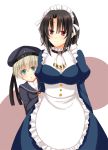  2girls alternate_costume apron ascot blonde_hair blush enmaided green_eyes hat hiding holding_arm kantai_collection looking_at_viewer maid maid_apron maid_headdress multiple_girls neckerchief peeking_out red_eyes sailor_collar sailor_dress sailor_hat short_hair smile sotogawa_max takao_(kantai_collection) z1_leberecht_maass_(kantai_collection) 