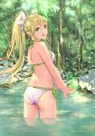  1girl :d aqua_eyes ass bare_shoulders bikini blonde_hair braid breasts dappled_sunlight forest from_behind hair_between_eyes halterneck highres kishida_nica leafa long_hair looking_at_viewer looking_back moss nature open_mouth outdoors partially_submerged ponytail rock side-tie_bikini side_braid sideboob smile solo swimsuit sword_art_online tree v_arms wading water white_bikini white_swimsuit 