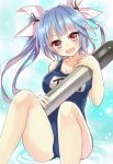  1girl blue_hair fang hair_ribbon harimoji i-19_(kantai_collection) kantai_collection long_hair looking_at_viewer open_mouth red_eyes ribbon school_swimsuit sitting solo swimsuit torpedo twintails 