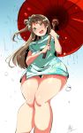  1girl alp blush bow brown_eyes brown_hair china_dress chinese_clothes dress from_below hair_bow holding_umbrella knees_together long_hair love_live!_school_idol_project minami_kotori open_mouth oriental_umbrella rain short_dress side_ponytail signature smile solo umbrella water_drop wide_hips 