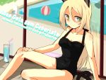  1girl against_glass animal_ears ball beachball black_swimsuit blonde_hair blush breasts cat_ears cat_tail character_name cleavage collarbone cup drink german glass green_eyes hand_on_own_knee heinrike_prinzessin_zu_sayn-wittgenstein indoors kiko_(strategist) long_hair pool sitting smile solo straw strike_witches swimsuit tail text translated water 