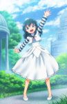  1girl :d black_hair blue_eyes building clouds dress full_body gazebo grass highres long_hair looking_at_viewer mary_janes nicca_(kid_nicca) no_socks open_mouth original outdoors outstretched_arms shoes sky smile solo spread_arms standing striped_sleeves tagme tiara tree waving white_dress white_shoes 