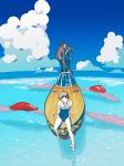  1boy 1girl arm_support bare_shoulders barefoot black_hair blue_swimsuit boat book clouds collarbone frown fujimoto gake_no_ue_no_ponyo highres horizon leaning legs long_hair ocean one-piece_swimsuit orange_hair risa_(ponyo) short_hair sitting sky smile standing striped swimsuit tombiiwa 