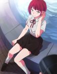  1girl blush brown_skirt camera dangan_ronpa fountain freckles green_eyes koizumi_mahiru okuragon pleated_skirt redhead school_uniform short_hair short_sleeves sitting skirt smile socks solo super_dangan_ronpa_2 white_legwear 