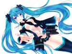  1girl blue_eyes blue_hair blush detached_sleeves hatsune_miku long_hair natsumii_chan navel necktie outstretched_arm solo thigh-highs twintails very_long_hair vocaloid white_background 