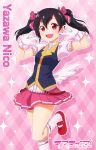  1girl :d \m/ anime_coloring black_hair bow character_name copyright_name double_\m/ gloves hair_bow hair_ribbon highres looking_at_viewer love_live!_school_idol_project mary_janes nicca_(kid_nicca) open_mouth pleated_skirt red_eyes ribbon shoes skirt smile solo standing_on_one_leg tagme twintails white_gloves white_legwear yazawa_nico 