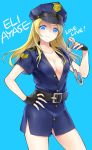  1girl alternate_costume ayase_eli black_gloves blue_background blue_eyes blue_nails breasts character_name cleavage copyright_name cuffs fingerless_gloves gloves hair_down hand_on_hip handcuffs kisaragi_mizu long_hair love_live!_school_idol_project nail_polish no_bra police police_uniform policewoman solo uniform 