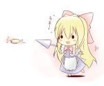  1girl :d blonde_hair bow butterfly chibi gaius_(nikoniko2) hair_bow hair_ribbon holding long_hair open_mouth polearm ribbon shanghai_doll smile solid_circle_eyes solo spear touhou translated weapon 