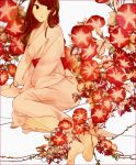  1girl arm_support barefoot brown_hair feet flower green_eyes japanese_clothes kimono long_hair original sitting soles solo toenail_polish toes vines white_background 