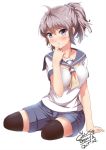  1girl aoba_(kantai_collection) blue_eyes breasts dated glasses go-it grey_hair kantai_collection looking_at_viewer neckerchief ponytail school_uniform serafuku short_hair shorts signature solo thigh-highs white_background 