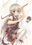  1boy 1girl ahoge bangs black_eyes black_hair blouse blush bow bowtie casual checkered checkered_skirt chibi crowbar fighting_stance frills green_eyes hair_between_eyes haiyore!_nyaruko-san holding leg_up long_hair looking_at_viewer luzi nyarlathotep_(nyaruko-san) open_mouth pose puffy_short_sleeves puffy_sleeves red_shoes school_uniform shoes short_sleeves silver_hair skirt standing_on_one_leg sweatdrop tagme thigh-highs very_long_hair watermark web_address white_legwear wing_collar yasaka_mahiro 