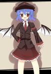  1girl :d alternate_costume bat_wings blue_hair fang gaius_(nikoniko2) hand_on_hip hat highres looking_at_viewer necktie open_mouth red_eyes remilia_scarlet short_hair smile solo standing tagme touhou wings 