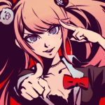  1girl blue_eyes bow bra breasts cleavage dangan_ronpa enoshima_junko hair_ornament ilya_kuvshinov long_hair looking_at_viewer pink_hair revision sleeves_rolled_up smile solo spoilers twintails underwear 