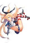  1girl black_panties blonde_hair blue_eyes elbow_gloves gloves hairband highleg highleg_panties kantai_collection long_hair looking_at_viewer panties sailor_collar shimakaze_(kantai_collection) skirt solo striped striped_legwear thigh-highs underwear white_gloves yi_l_chen_5 