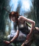  1girl blood blood_on_face bloody_clothes bow_(weapon) breasts brown_hair lara_croft long_hair m-ya pixiv_tomb_raider_contest shorts solo tank_top tomb_raider watch weapon 