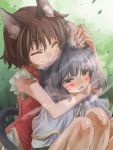  2girls ^_^ animal_ears biting blush brown_hair capelet cat_ears cat_tail chen closed_eyes ear_biting grey_hair hug hug_from_behind mouse_ears multiple_girls nazrin no_hat open_mouth short_hair sleeveless sleeveless_shirt smile tail touhou yohane yuri 