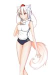  1girl animal_ears bare_shoulders breasts buruma gym_uniform hand_on_own_chest hat inubashiri_momiji large_breasts red_eyes shirt short_hair silver_hair simple_background solo tail tokin_hat touhou white_background white_shirt wolf_ears wolf_tail 