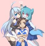  1boy 2girls black_legwear blue_eyes blue_hair blue_skin blush breasts brown_eyes crossed_arms crossed_legs earth_eleven elbow_gloves gloves heart hilary_flail inazuma_eleven_(series) inazuma_eleven_go inazuma_eleven_go_galaxy long_hair looking_at_viewer matatagi_hayato multicolored_hair multiple_girls nankai open_mouth pointy_ears powai_pichori purple_hair simple_background sitting soccer_uniform sportswear sweat thigh-highs two-tone_hair v 