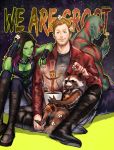  1girl 2boys blue_eyes boots breasts brown_hair cleavage drax_the_destroyer english facial_hair flower gamora gradient_hair green_skin groot guardians_of_the_galaxy kanapy knee_boots marvel multicolored_hair multiple_boys peter_quill plant pot potted_plant raccoon rocket_raccoon sitting smile spoilers 