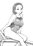  1girl bare_shoulders beach_chair breasts captain_earth competition_swimsuit earrings jewelry monochrome one-piece_swimsuit shiny shiny_hair short_hair sitting smile solo swimsuit ueyama_michirou yomatsuri_tsubaki 